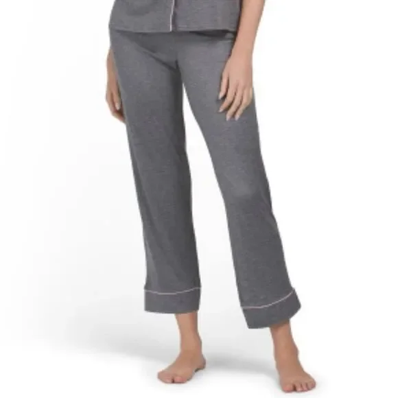 Life is Good L-XL Gray Pink Trim Notch Collar 2 pc Short Sleeve Top Pants PJ Set - Picture 5 of 16